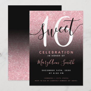 Rose Gold Black Glitter Ombre 16th Birthday    Invitation
