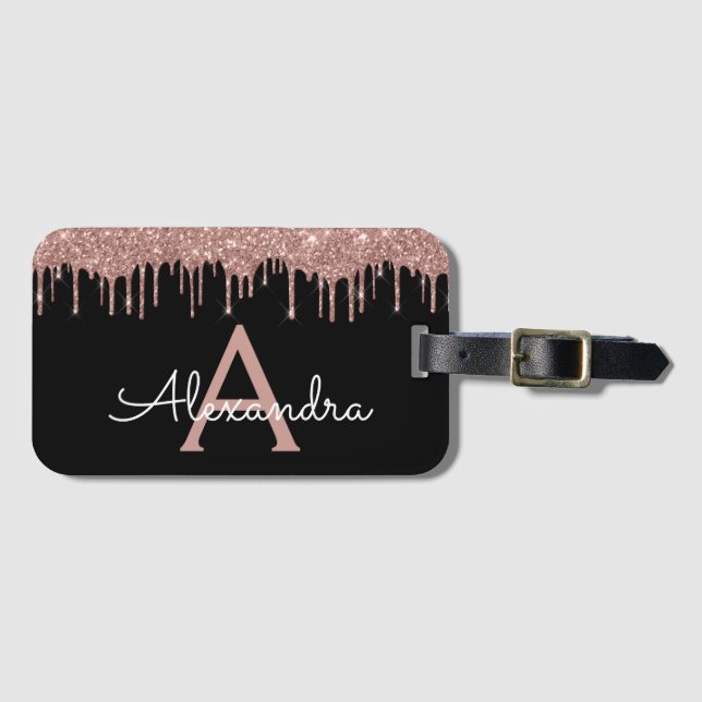 Rose Gold Black Glitter Sparkle Monogram Luggage Tag (Front Horizontal)