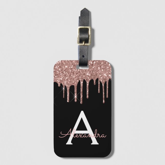 Rose Gold Black Glitter Sparkle Monogram Luggage Tag (Front Vertical)