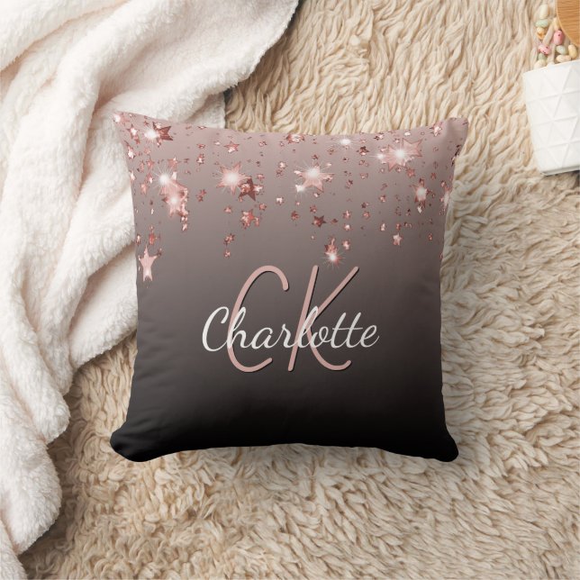 Rose gold black glitter stars custom monogram name cushion (Blanket)