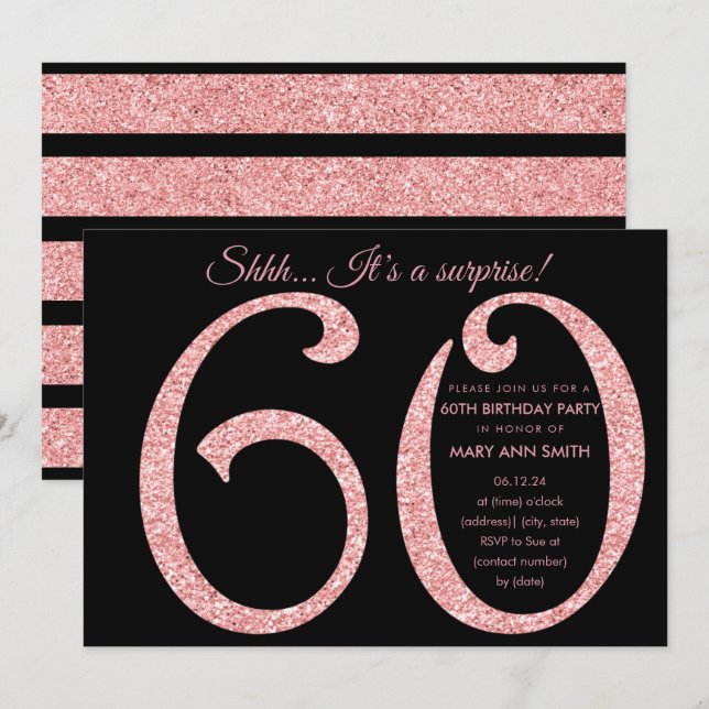 Rose Gold Black Glitter Surprise 60th Birthday Invitation (Front/Back)