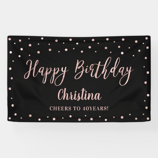 Rose Gold & Black Happy Birthday Party Banner (Horizontal)
