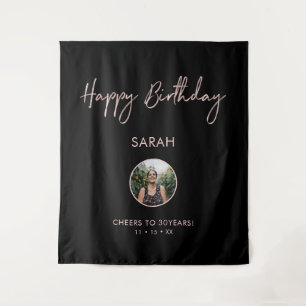 Rose gold & Black Happy Birthday Photo Backdrop Tapestry