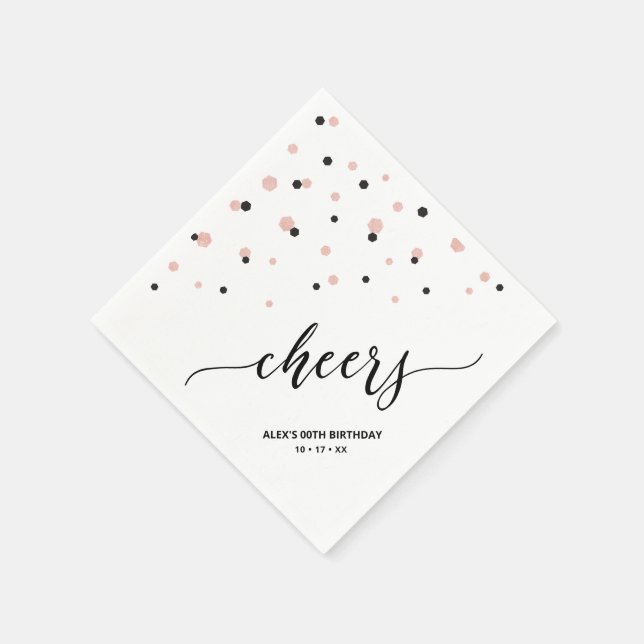 Rose gold & Black Hexagon Confetti Cheers Birthday Napkin (Corner)