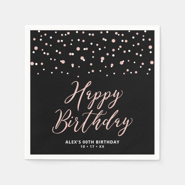 Rose gold Black Hexagon Confetti Happy Birthday Na Napkin (Front)