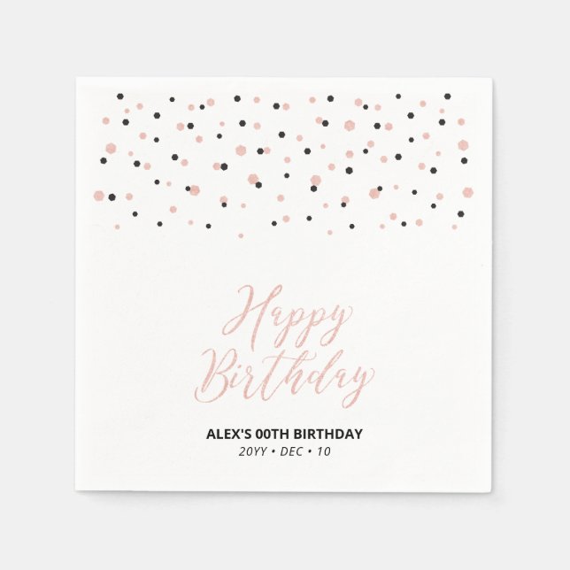 Rose gold Black Hexagon Confetti Happy Birthday Napkin (Front)