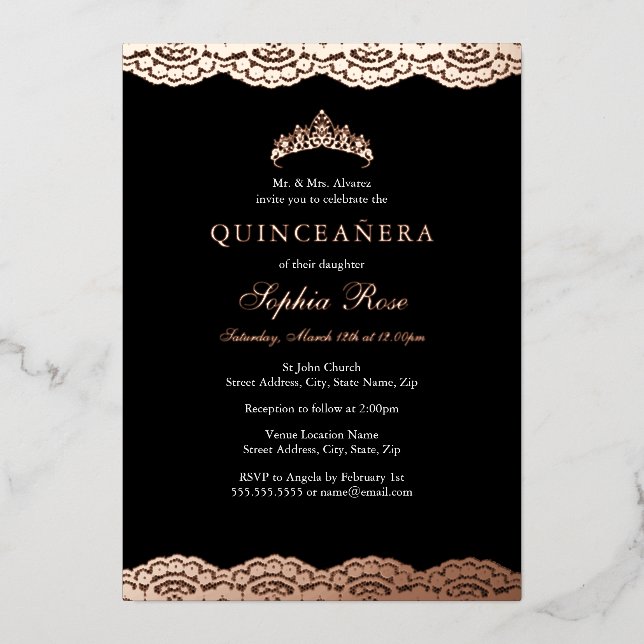 Rose Gold Black Lace Tiara Quinceanera Foil (Front)