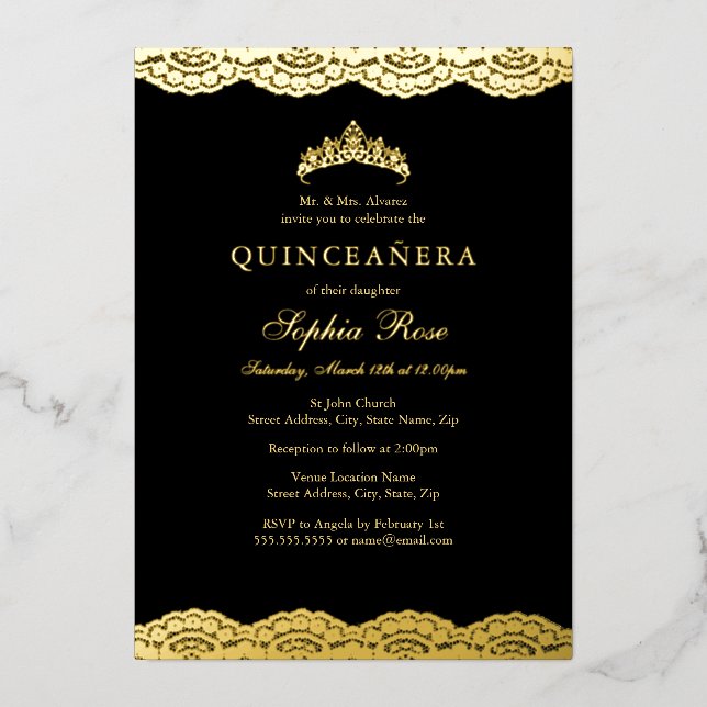Rose Gold Black Lace Tiara Quinceanera Foil (Front)