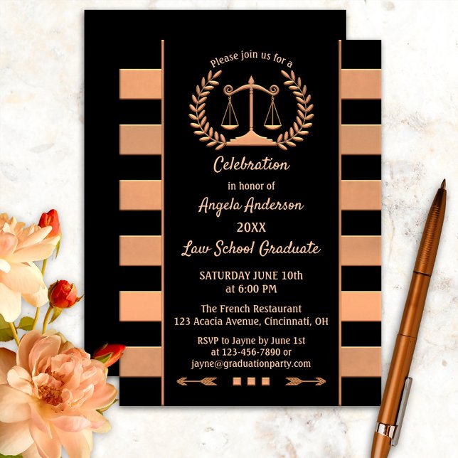 Rose Gold Black Law School Graduation Invitation (Creator Uploaded)