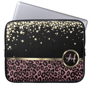 Rose Gold, Black Leopard with Gold Diamonds Laptop Sleeve