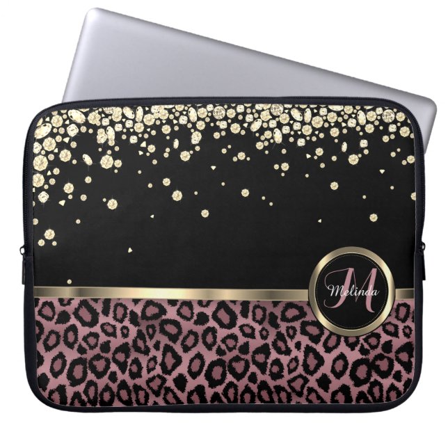 Rose Gold, Black Leopard with Gold Diamonds Laptop Sleeve (Front)