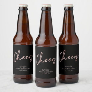 Rose Gold & Black Lettering Cheers Adult Birthday Beer Bottle Label