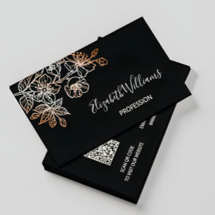 Rose Gold Black Line Art Floral QR Code Business Card