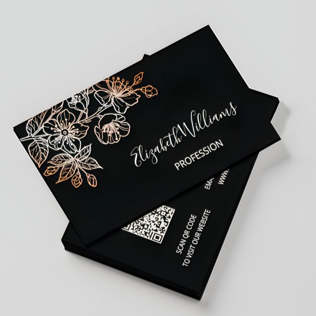 Rose Gold Black Line Art Floral  | QR Code Business Card (Creator Uploaded)