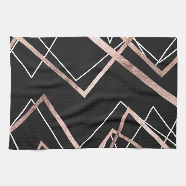 Rose Gold Black Linear Triangle Abstract Pattern Tea Towel (Horizontal)