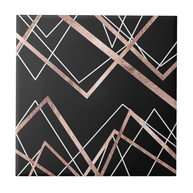 Rose Gold Black Linear Triangle Abstract Pattern Tile (Front)