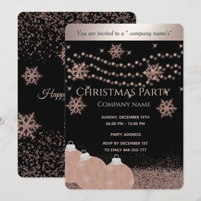 Rose gold /black luxury corporate Christmas party Invitation (Front/Back)