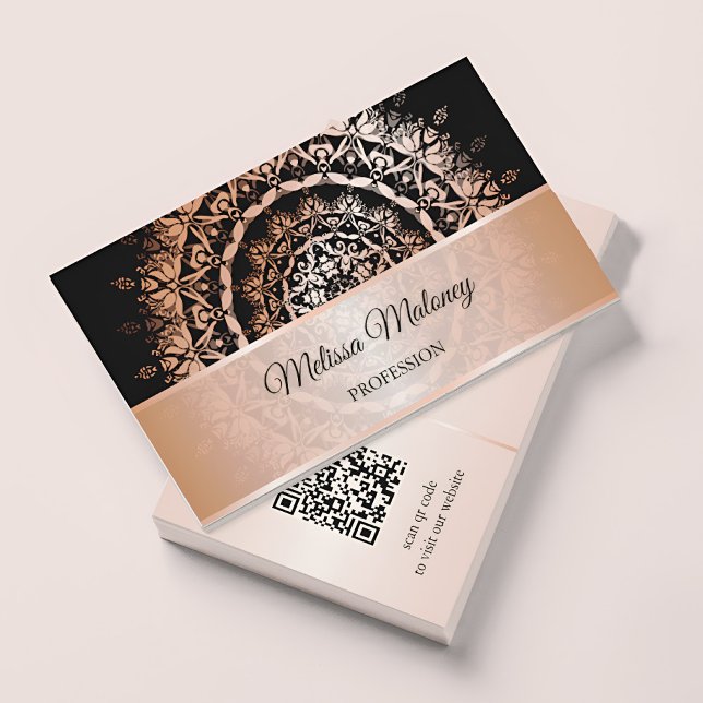 Rose Gold Black Mandala QR Code Business Card (Creator Uploaded)