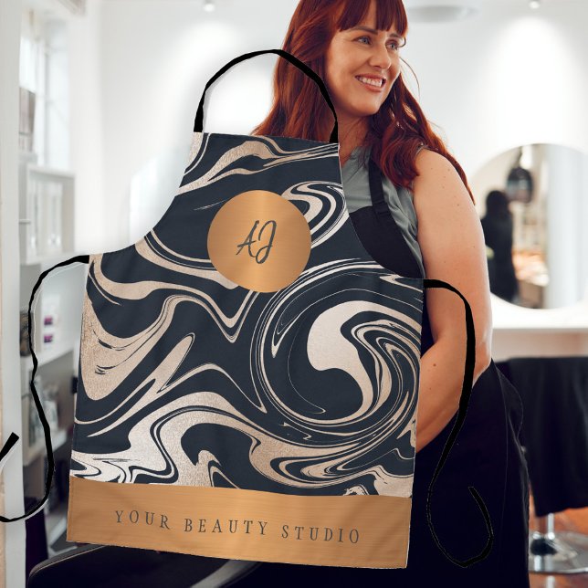 Rose gold black marble pattern salon name monogram apron (Creator Uploaded)