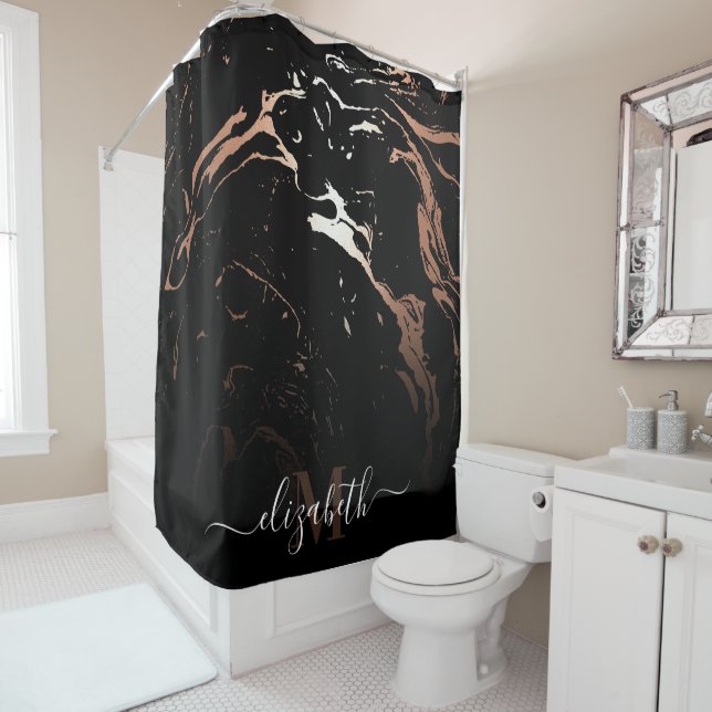 Rose Gold Black Marble Shower Curtain (In Situ)