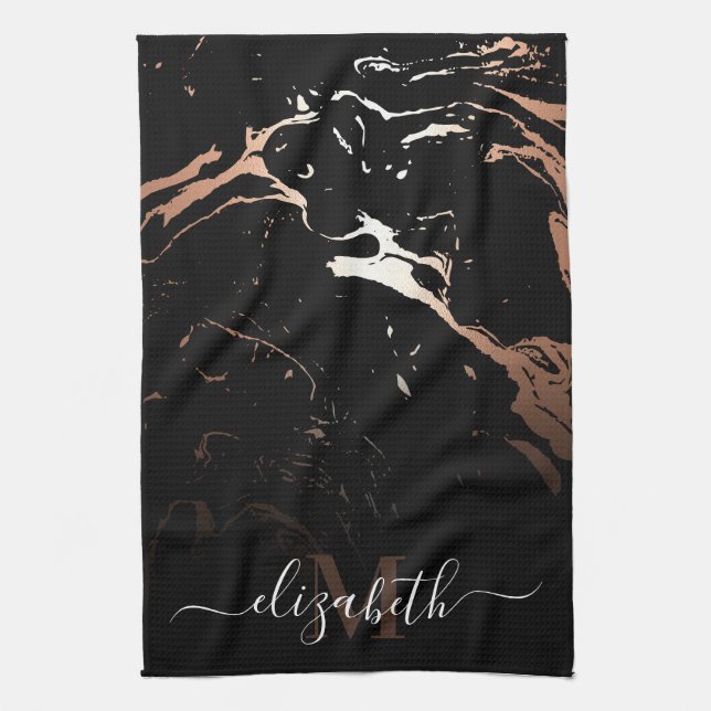 Rose Gold Black Marble Tea Towel (Vertical)