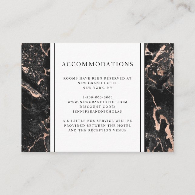 Rose Gold Black Marble Wedding Accommodations Enclosure Card (Front)