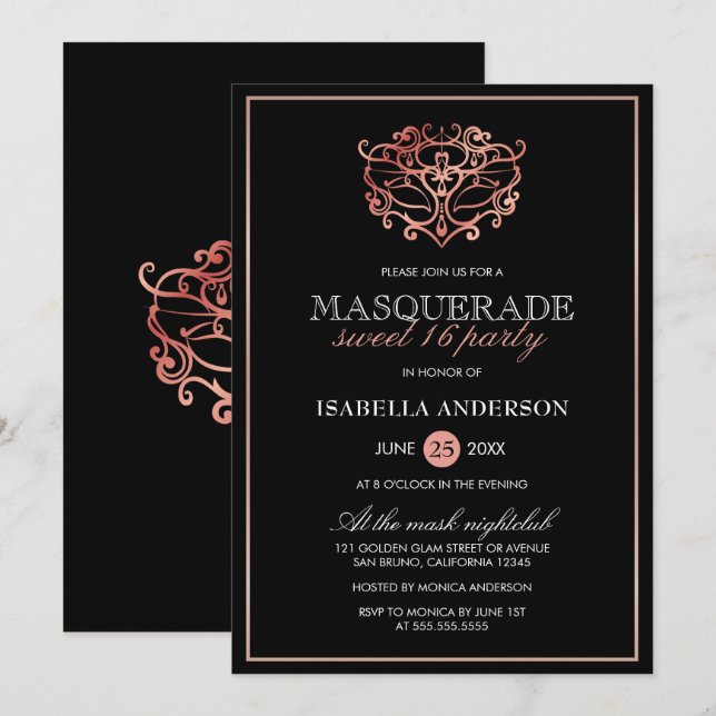 Rose Gold & Black Masquerade Sweet 16 Typography Invitation (Front/Back)