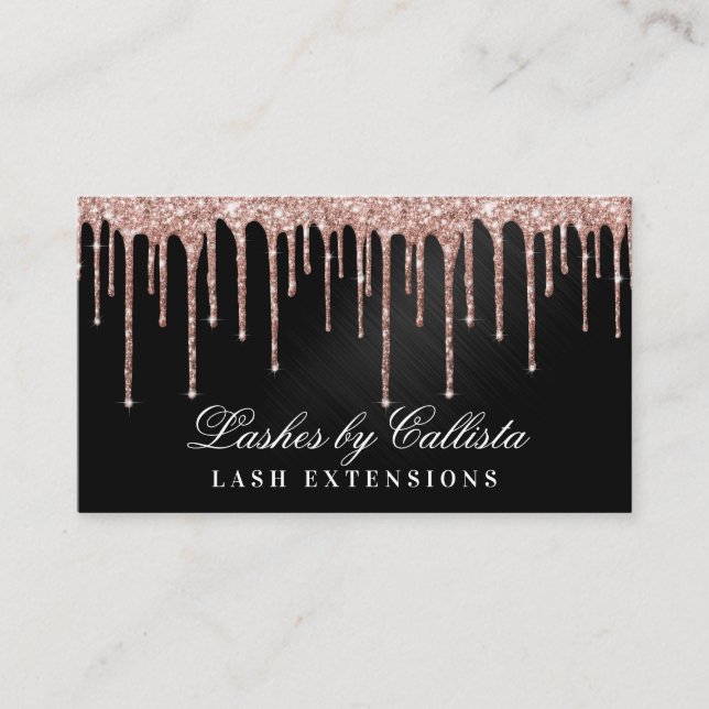 Rose Gold Black Metallic Glitter Drips Lashes Business Card (Front)