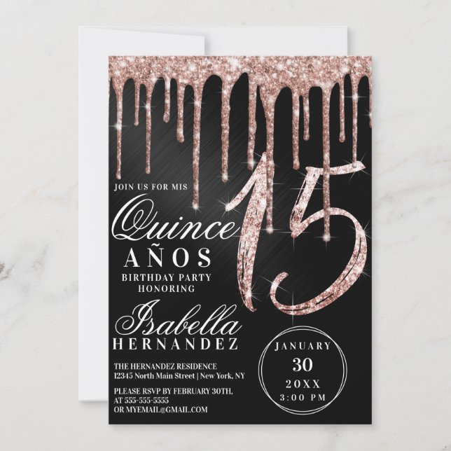 Rose Gold Black Metallic Glitter Drips Quinceañera Invitation (Front)