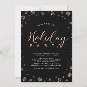 Rose Gold & Black Modern Snowflakes Holiday Party Invitation