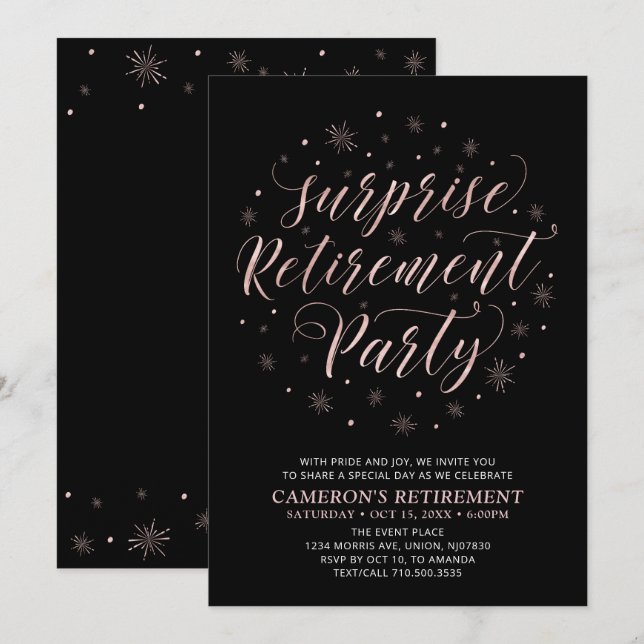 Rose gold & Black Modern Surprise Retirement Party Invitation (Front/Back)