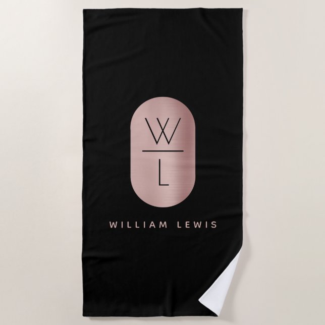 Rose Gold & Black Monogram Modern Minimalist Beach Towel (Front)