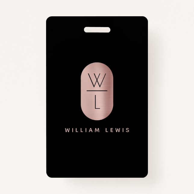 Rose Gold & Black Monogram Modern Minimalist  ID Badge (Front)