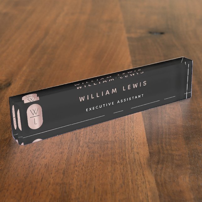 Rose Gold & Black Monogram Modern Minimalist  Nameplate (Side)