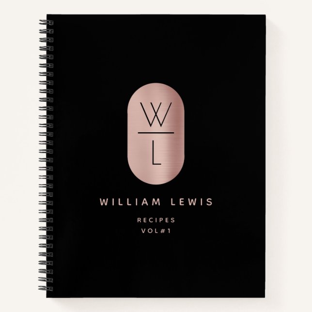 Rose Gold Black Monogram Modern Minimalist Recipe Notebook (Front)