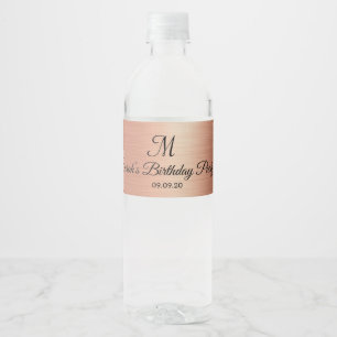 Rose Gold Black Monogram Wedding Birthday Water Bottle Label