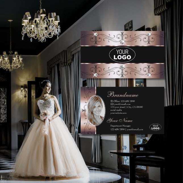 Rose Gold Black Ornate Glam Borders Logo and Photo Business Card (Creator Uploaded)