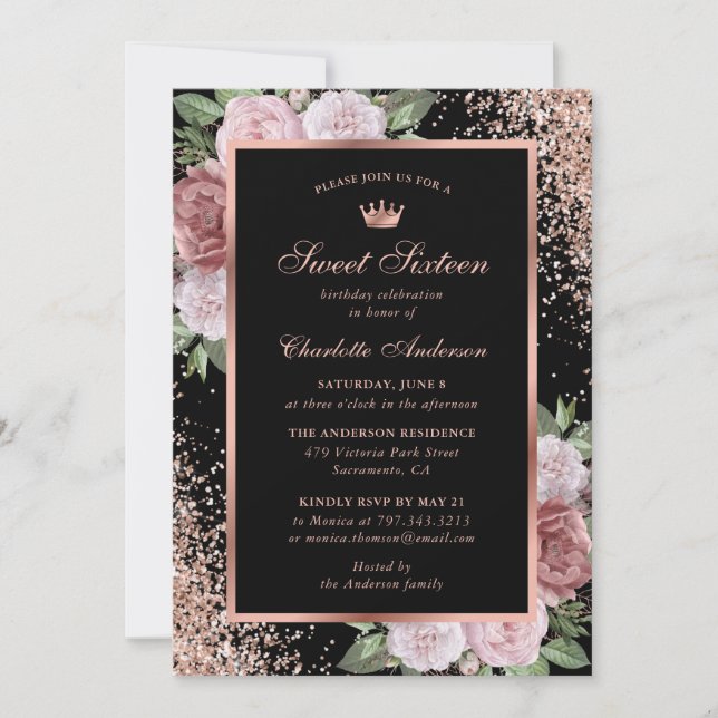 Rose Gold Black Pink Floral Sweet 16 Birthday Invitation (Front)