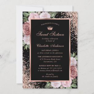 Rose Gold Black Pink Floral Sweet 16 Birthday Invitation