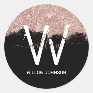 Rose Gold Black Pink Girly Glitter Dust Monogram Classic Round Sticker