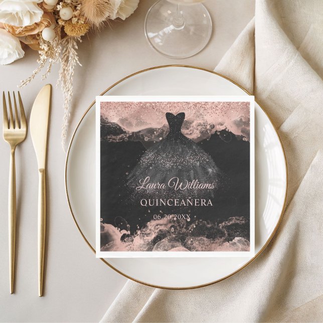 Rose Gold & Black Princess Quinceañera  Napkin (Rose Gold Princess Quinceañera Birthday Napkins)