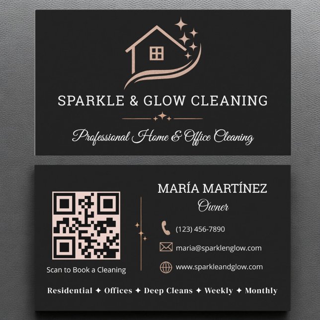 Rose Gold Black QR Code Cleaning Service House Business Card (Creator Uploaded)