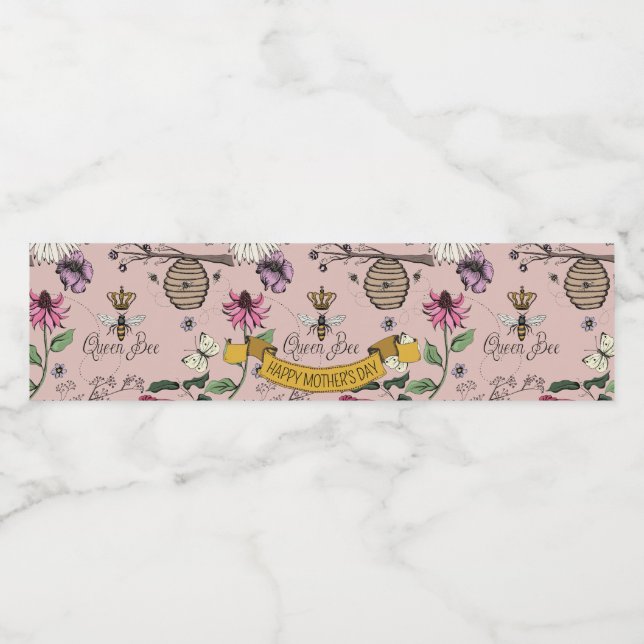 Rose Gold & Black Queen Bee, Gold Crown & Scroll Water Bottle Label (Single Label)