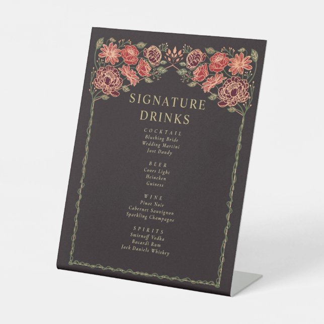 Rose Gold Black Red Enchanted Garden Bar Menu Pedestal Sign (Front)