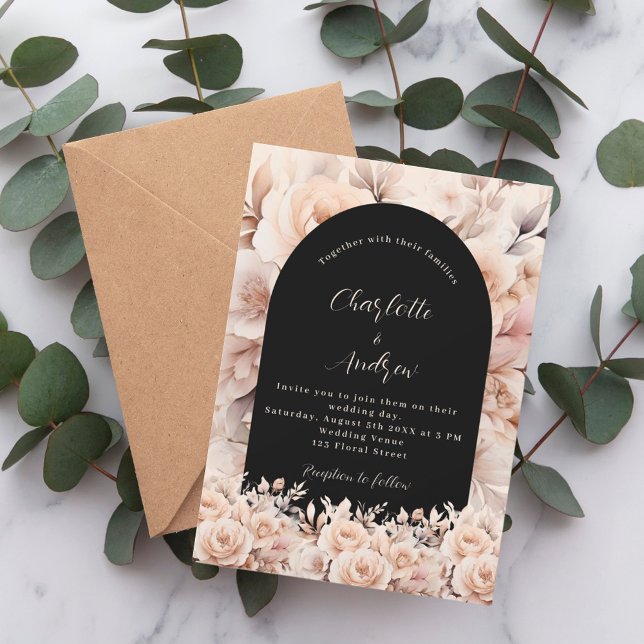 Rose gold black roses floral arch elegant wedding invitation (Creator Uploaded)