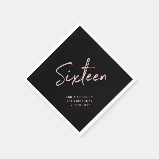 Rose gold Black Sixteen Sweet 16th Birthday Party Napkin (Corner)