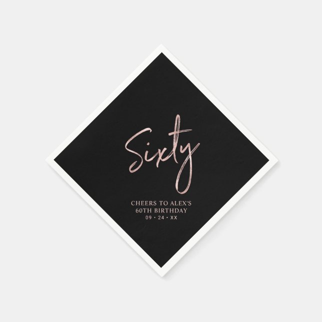 Rose gold & Black Sixty Adult 60th Birthday Party Napkin (Corner)