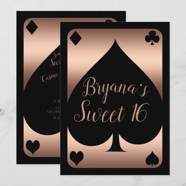 Rose Gold & Black Spade Glam Casino Sweet 16 Party Invitation (Front/Back)
