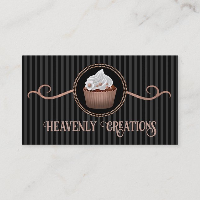 Rose Gold Black Stipes Cupcake Bakery Business Card (Front)