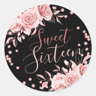 Rose Gold Black Sweet 16 Birthday Floral Glitter Classic Round Sticker